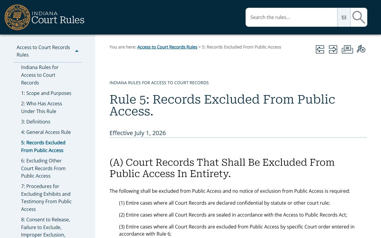 Scott County court records Indiana Access to Court Records Rule 5 exclusions
